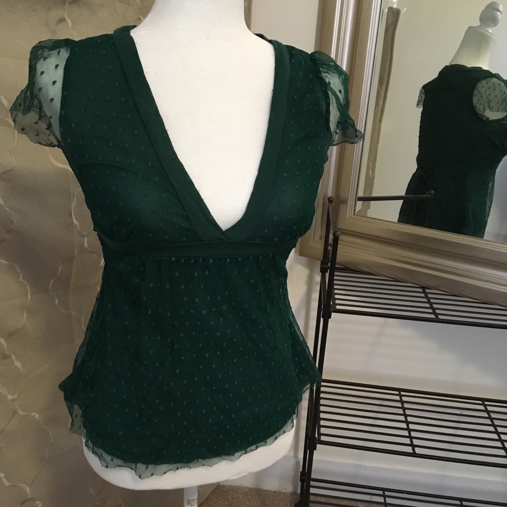 Forever 21 Green Polka Dot V-Neck Top Medium